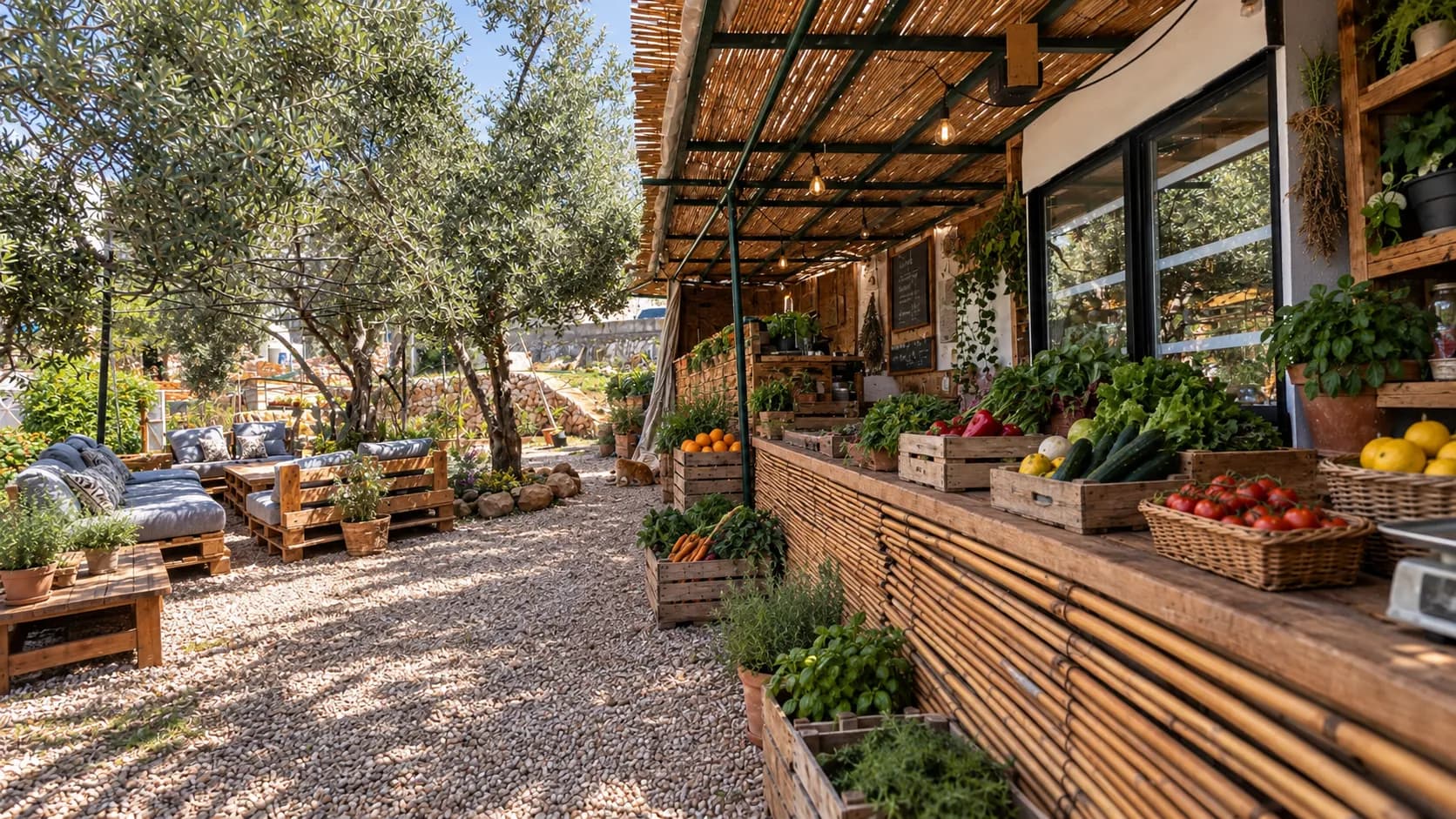 The Green Peas farm shop counter with crates of fresh vegetables